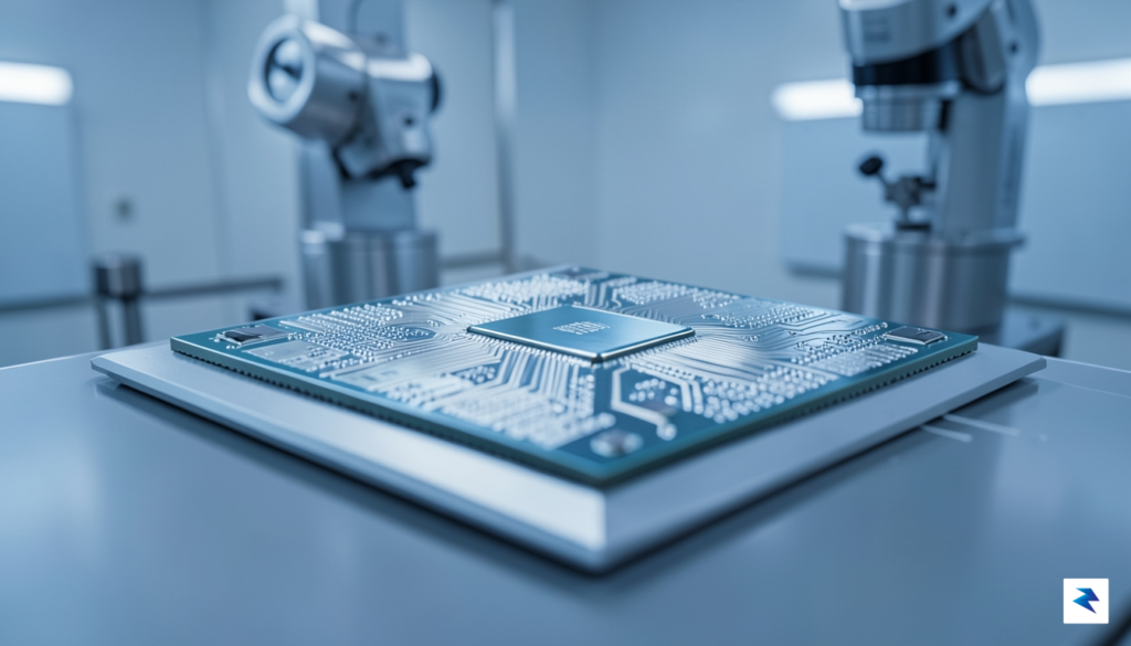 A close-up shot of a modern, high-precision semiconductor chip being…