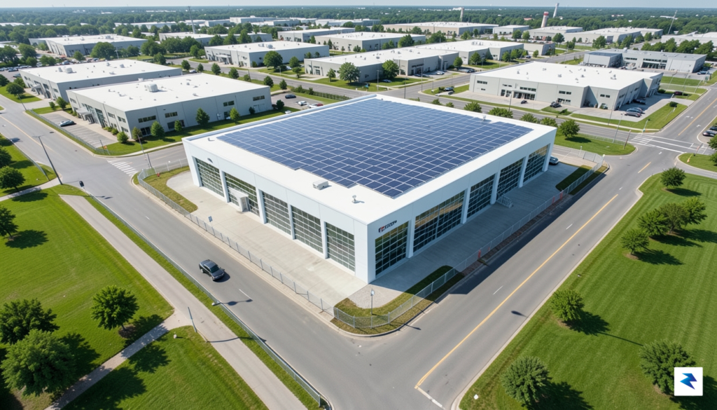 An overhead aerial view of a state-of-the-art semiconductor fabrication facility…