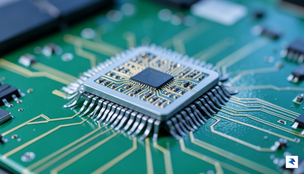 A close-up macro photograph of a high-tech semiconductor chip mounted…