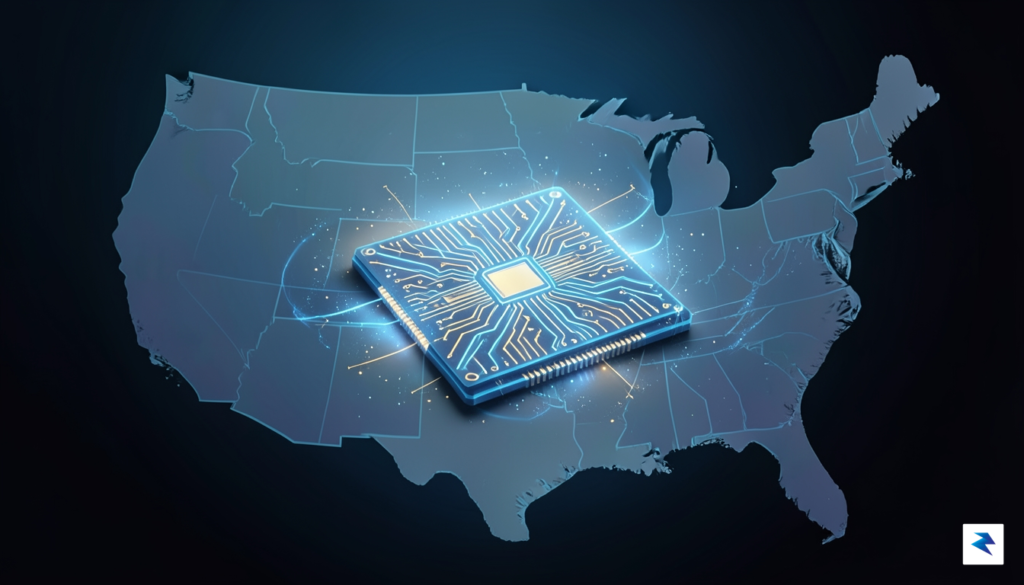 A conceptual, futuristic digital illustration of a high-tech semiconductor wafer…
