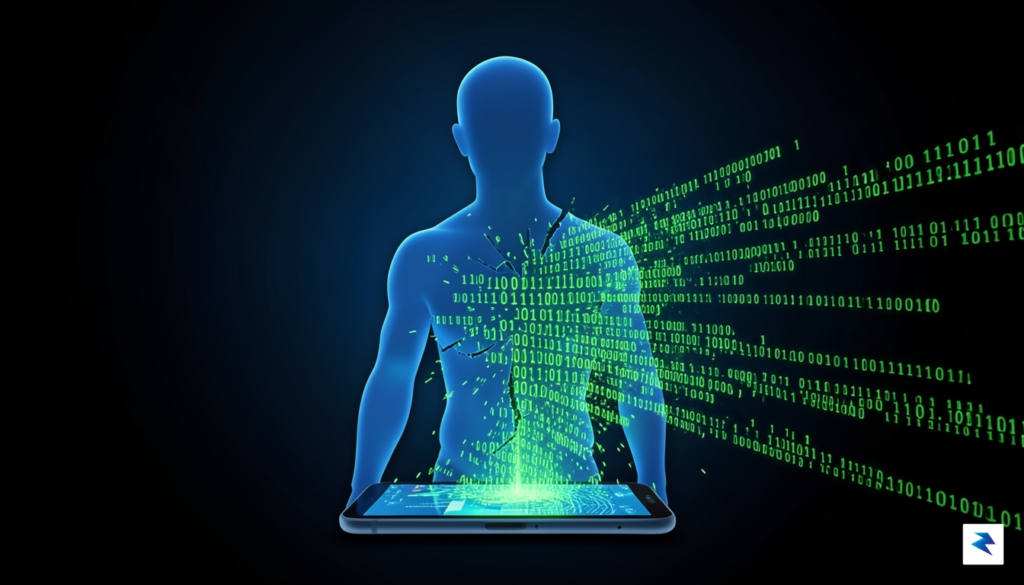 A conceptual illustration depicting a digital silhouette being fragmented by&hellip;