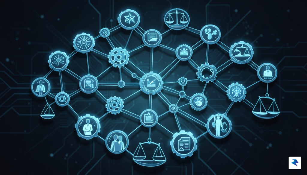 A conceptual digital illustration showing a complex web of interconnected&hellip;
