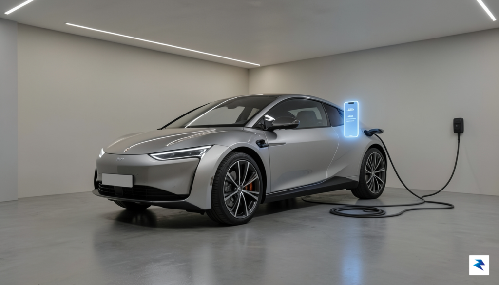 A high-tech electric vehicle parked in a modern, minimalist garage&hellip;