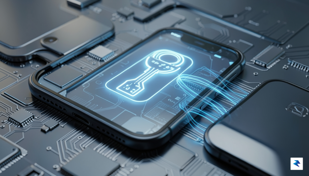 A conceptual close-up shot showing a glowing, secure digital icon&hellip;