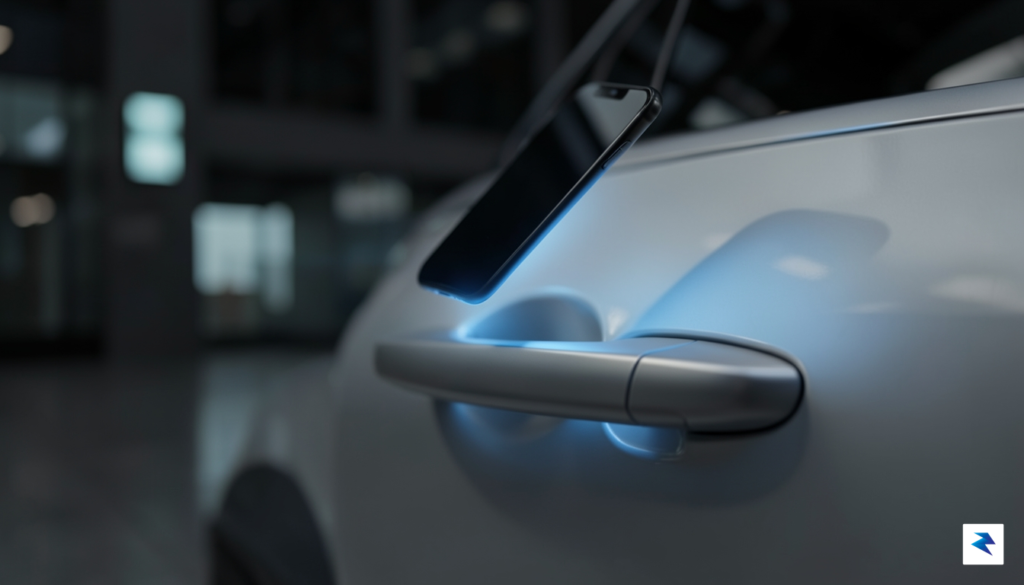 A sleek, modern smartphone hovering near the handle of a&hellip;
