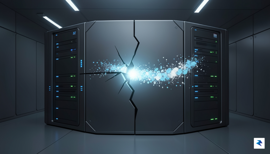 A digital security concept illustration showing a glowing, fragmented data…