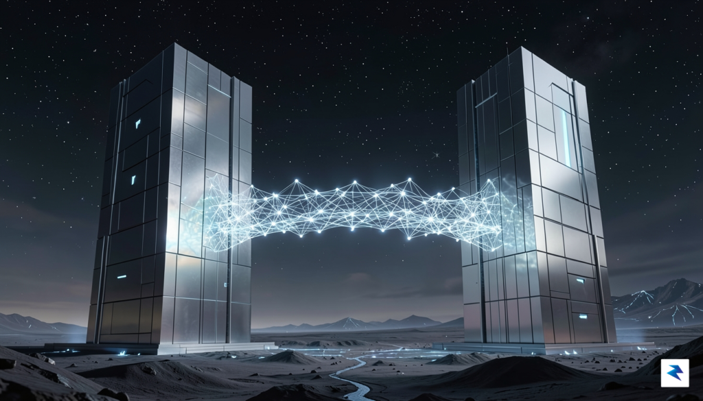 A conceptual digital art piece showing a glowing, complex neural…
