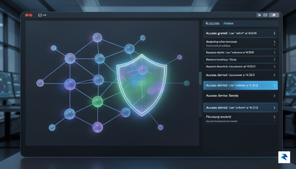 A digital security dashboard showing a series of glowing network…