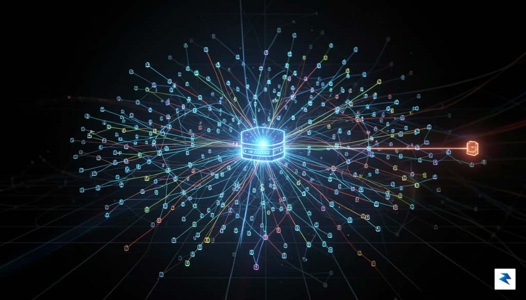 A digital visualization of a complex network map showing a…