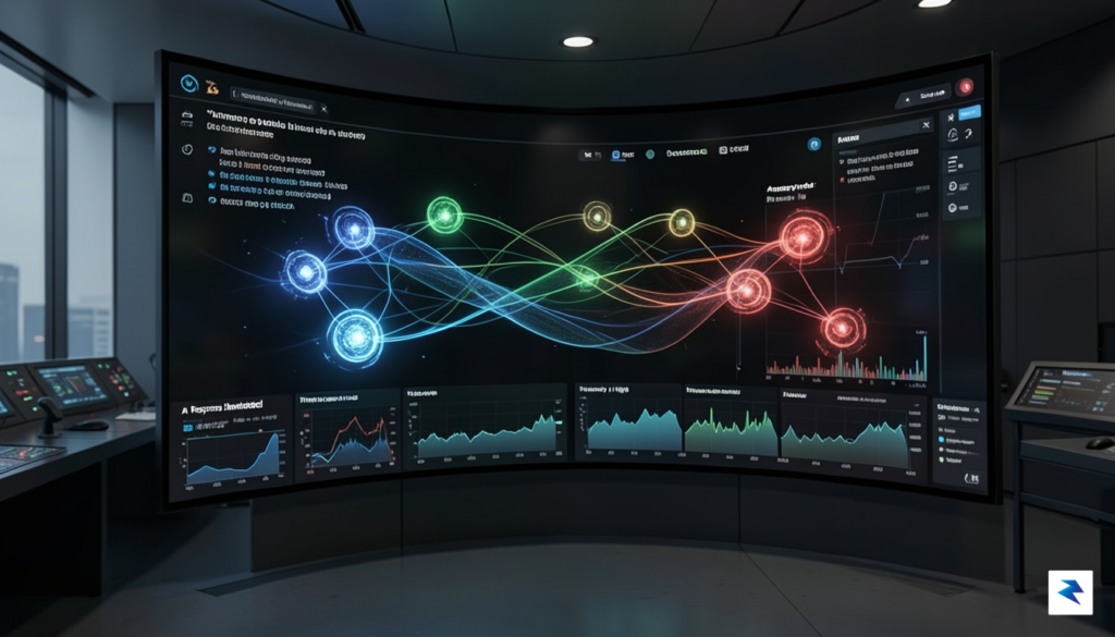A conceptual digital visualization of a network security dashboard featuring…