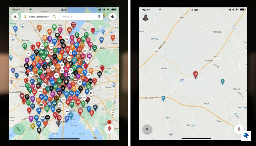 A split-screen comparison showing a crowded, pin-heavy Google Maps interface&hellip;