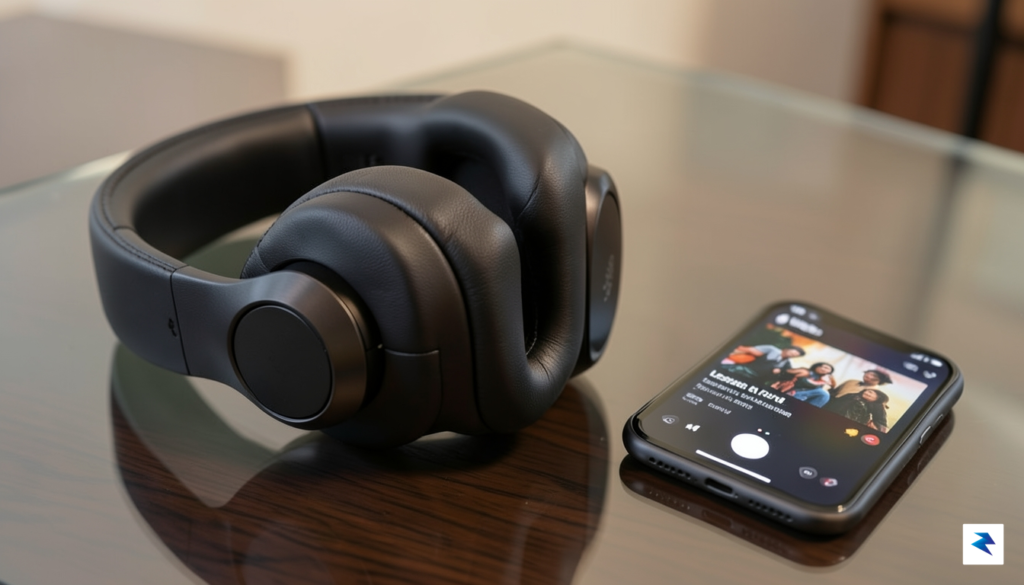A close-up, high-definition photo of high-end over-ear headphones resting on…