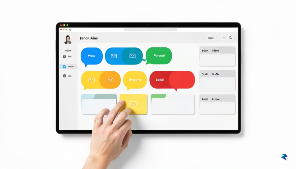 A clean, minimalist graphic showing a digital dashboard with multiple,…