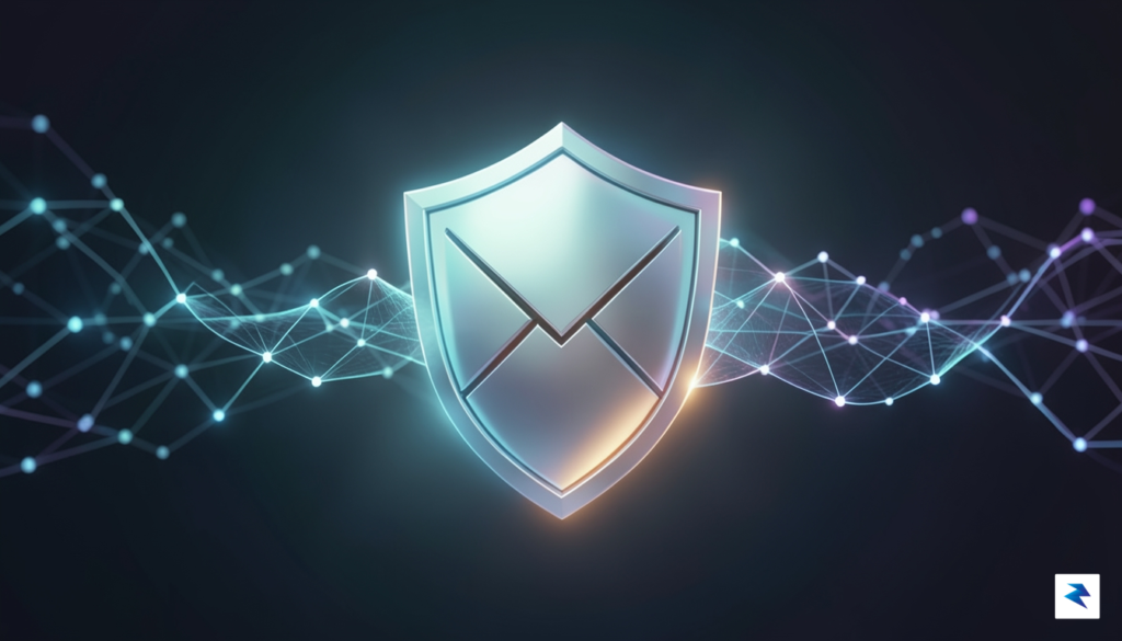 A conceptual digital illustration showing a glowing, shielded email icon…