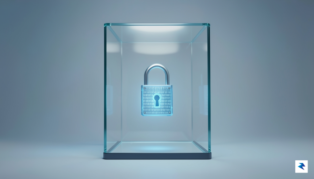 A modern, minimalist digital illustration depicting a transparent glass vault…