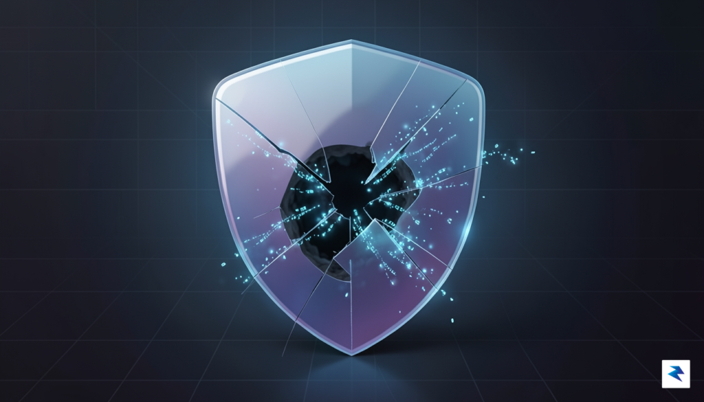 A conceptual digital visualization showing a sleek, transparent shield partially…