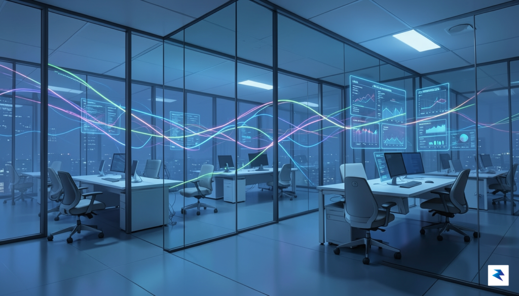 A digital illustration showing a high-tech corporate office with glowing…