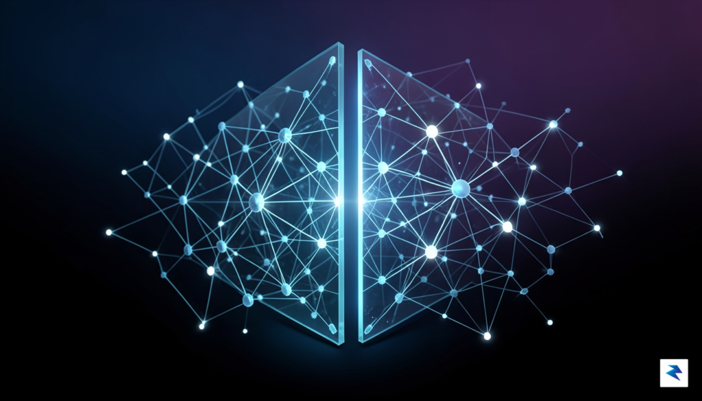 A conceptual digital illustration showing a glowing, interconnected neural network…