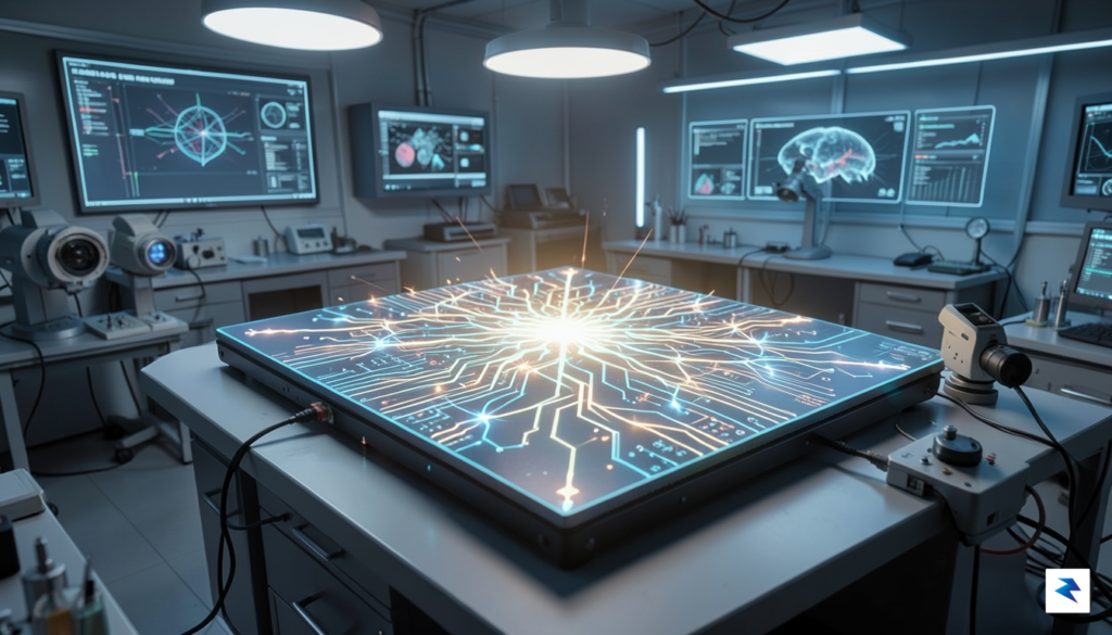 A conceptual digital illustration showing a glowing, futuristic neural network…