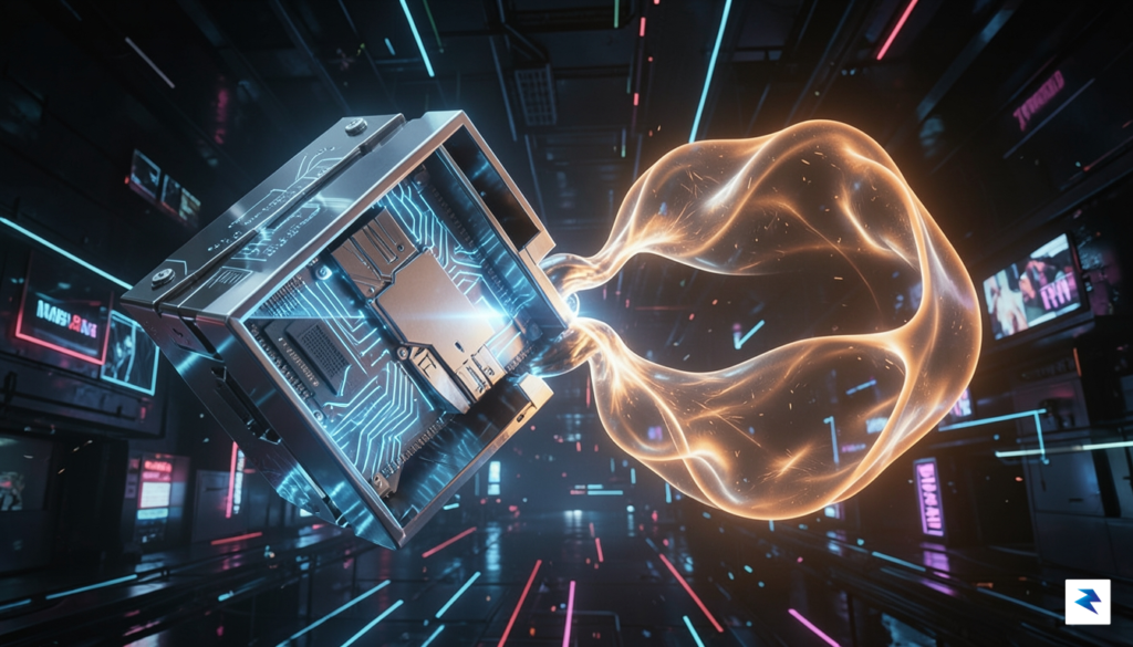 A conceptual digital art piece showing two glowing, interconnected geometric…