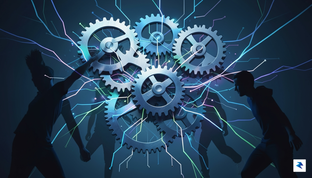 An abstract illustration depicting intertwined gears and circuit board traces,…