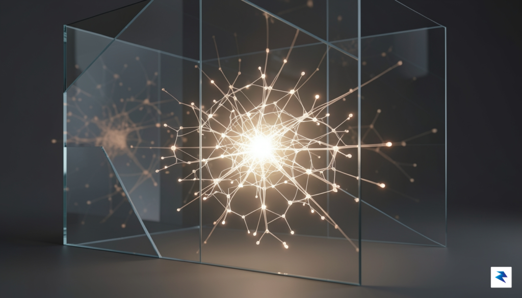 A conceptual digital illustration showing a glowing, multi-layered neural network…