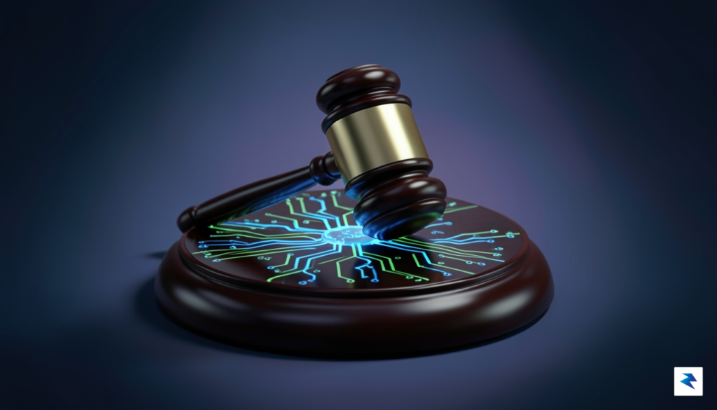 A digital illustration representing a courtroom gavel resting on a…