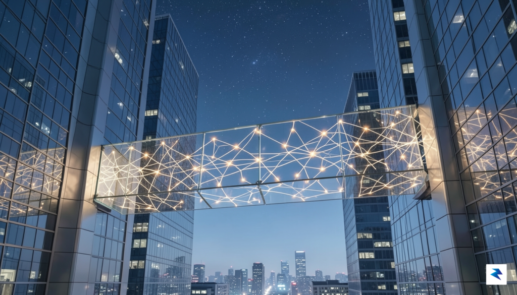 A conceptual digital illustration of a glass bridge connecting two…