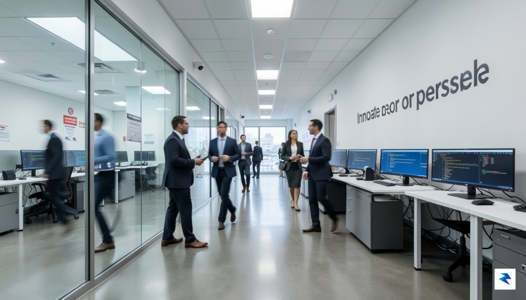A modern, high-tech office corridor in Silicon Valley with blurred…