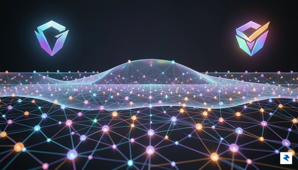 A conceptual digital illustration showing a complex web of interconnected…