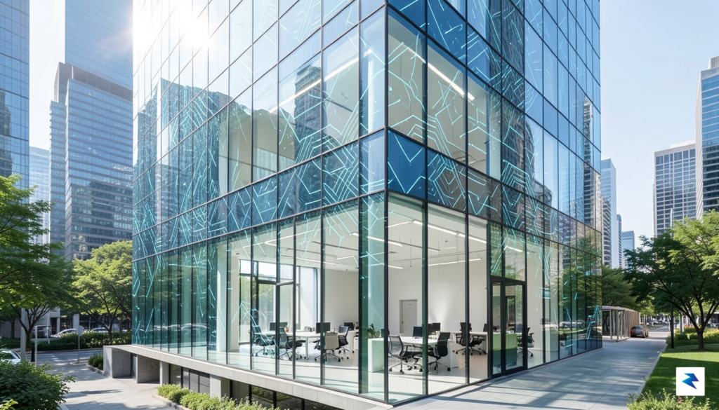 A modern, minimalist glass office building reflecting a digital grid…