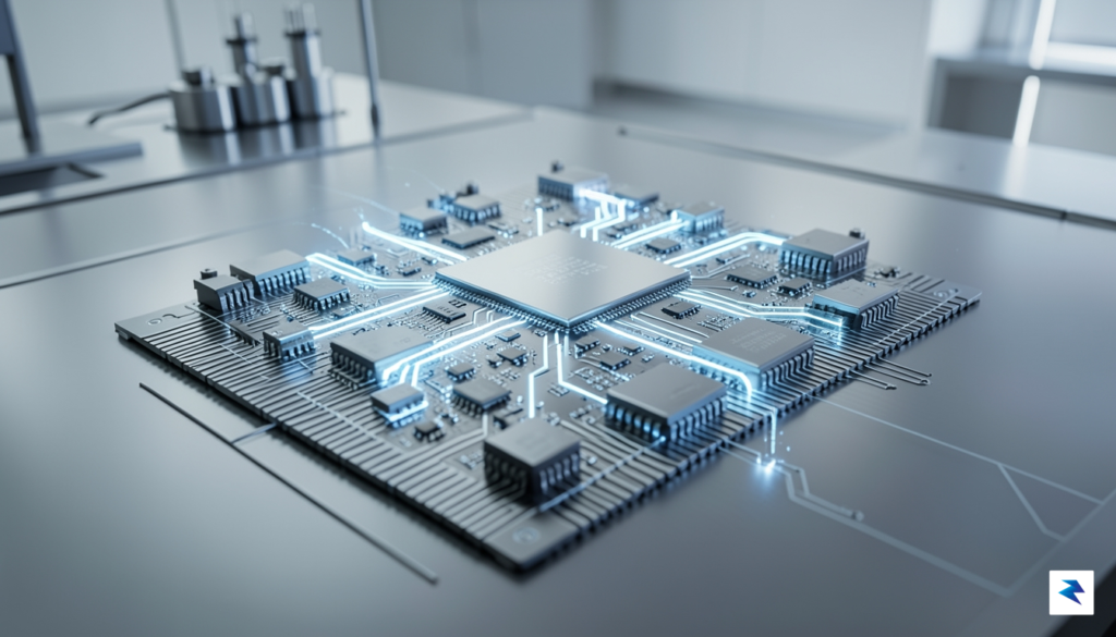 A sleek, high-tech conceptual visualization showing an intricate 3D architectural…