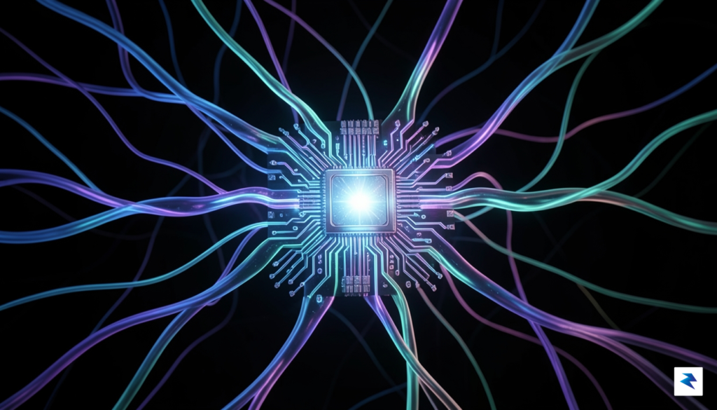 A conceptual digital illustration showing a glowing, intricate microchip circuit…