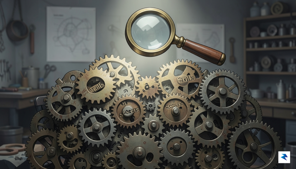 A stylized illustration depicting intertwined gears, some labeled "Skills" and…