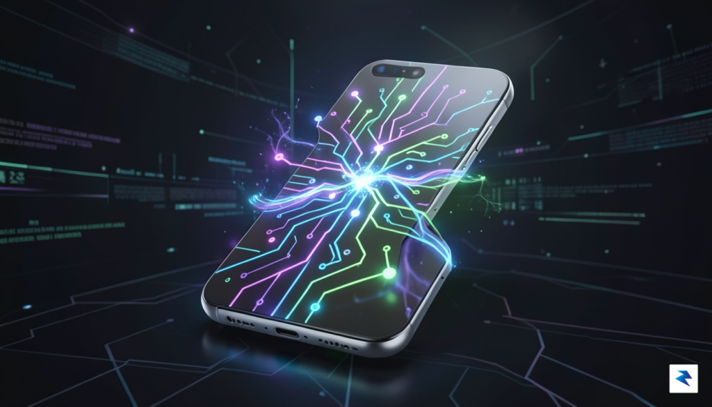 A conceptual digital illustration showing a glowing, abstract neural network…