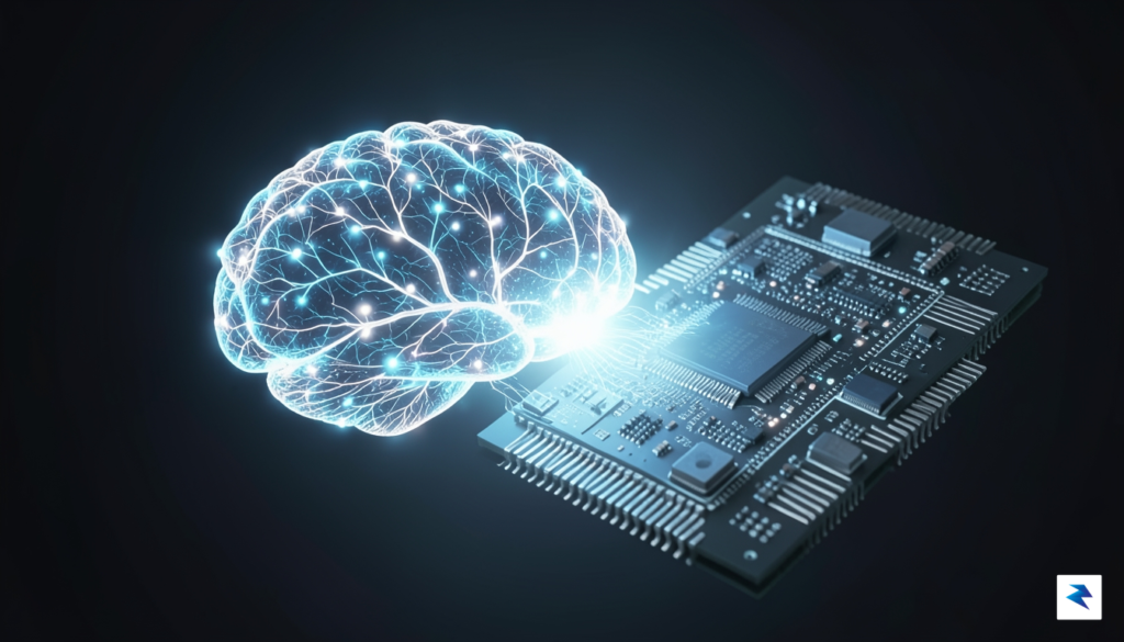 A conceptual, high-tech visualization showing a digital brain circuit merging…