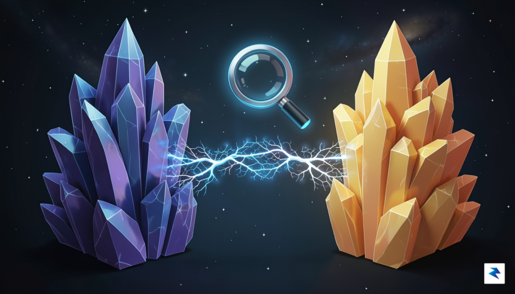 A digital illustration depicting two massive, contrasting crystalline structures representing&hellip;