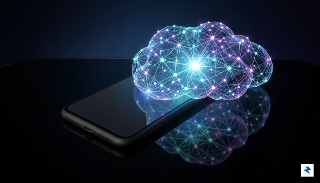A conceptual digital illustration showing a sleek, minimalist smartphone connected&hellip;