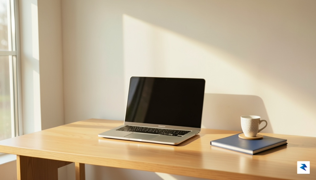 A sleek, minimalist workspace featuring a silver MacBook Pro on&hellip;