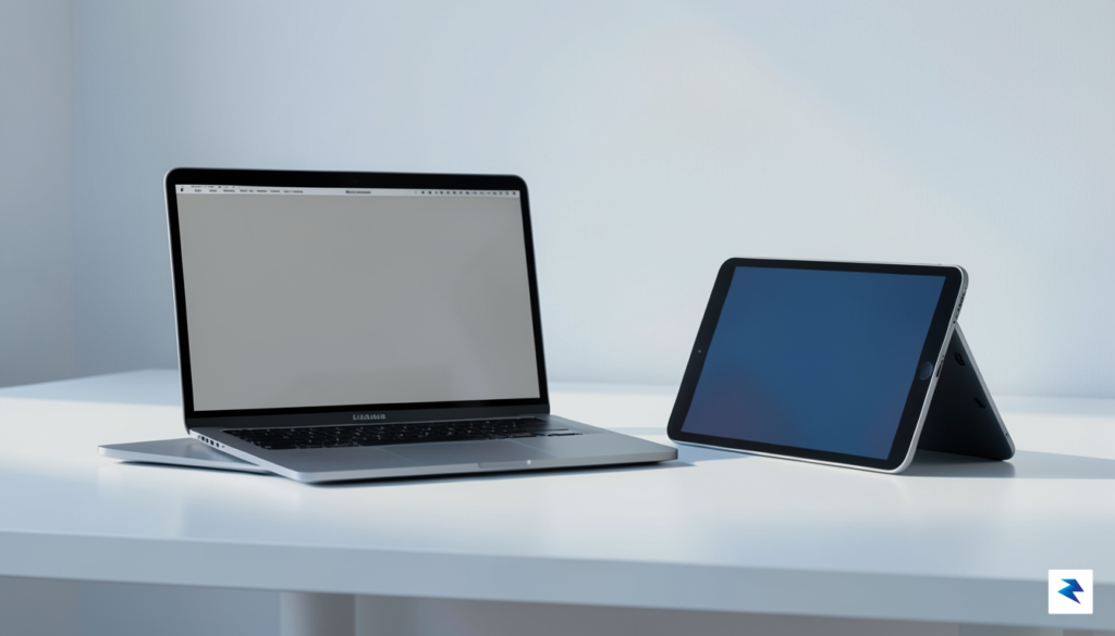 A conceptual, high-tech studio photography shot of a sleek MacBook&hellip;