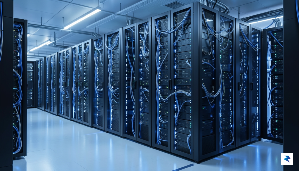 A sleek, futuristic data center aisle bathed in soft blue…