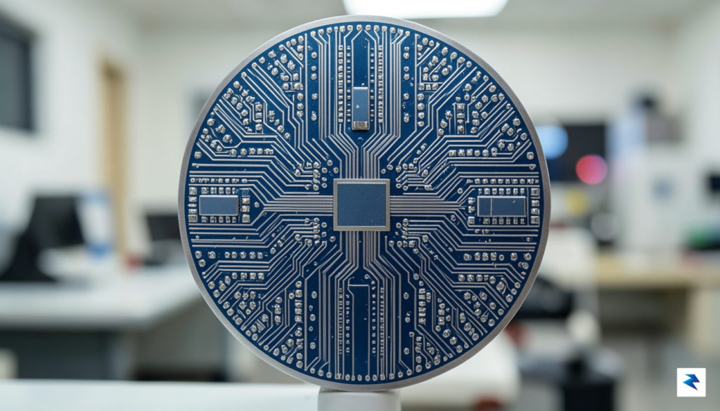 A close-up, high-definition shot of a complex silicon wafer under…