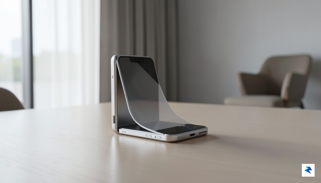 A sleek, high-end concept render of a foldable smartphone featuring…