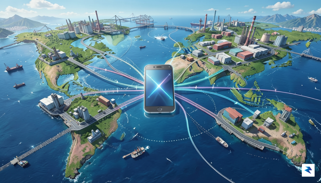 An intricate illustration of a global supply chain network, with…