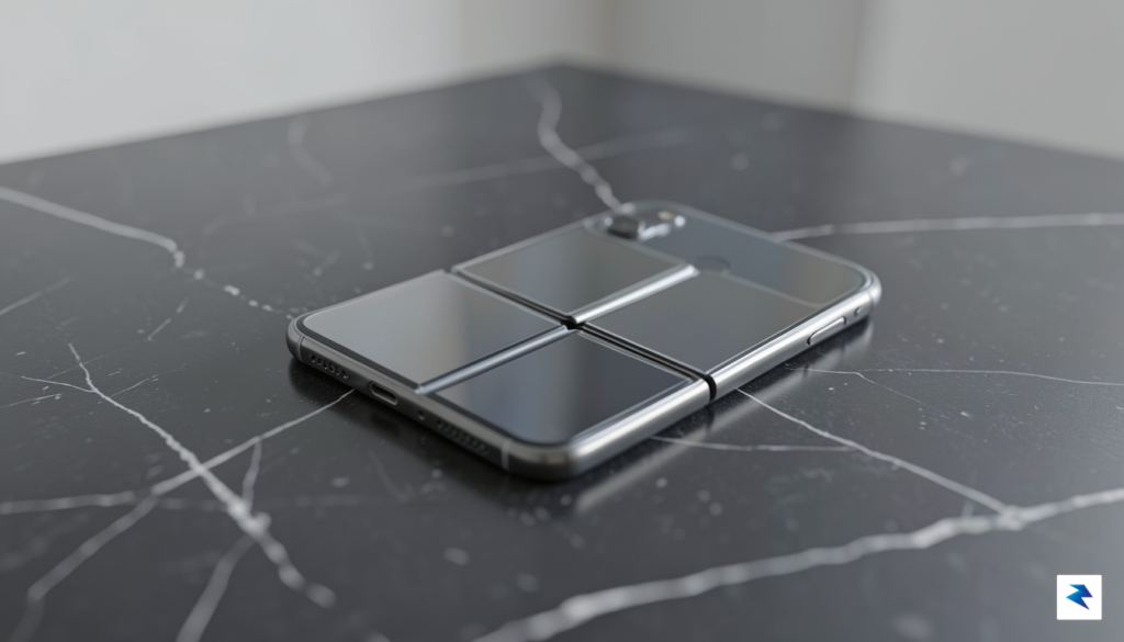 A sleek, minimalist concept render of a foldable iPhone resting…