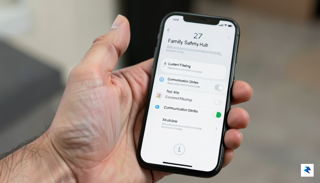 A close-up shot of a parent's hand holding an iPhone,&hellip;