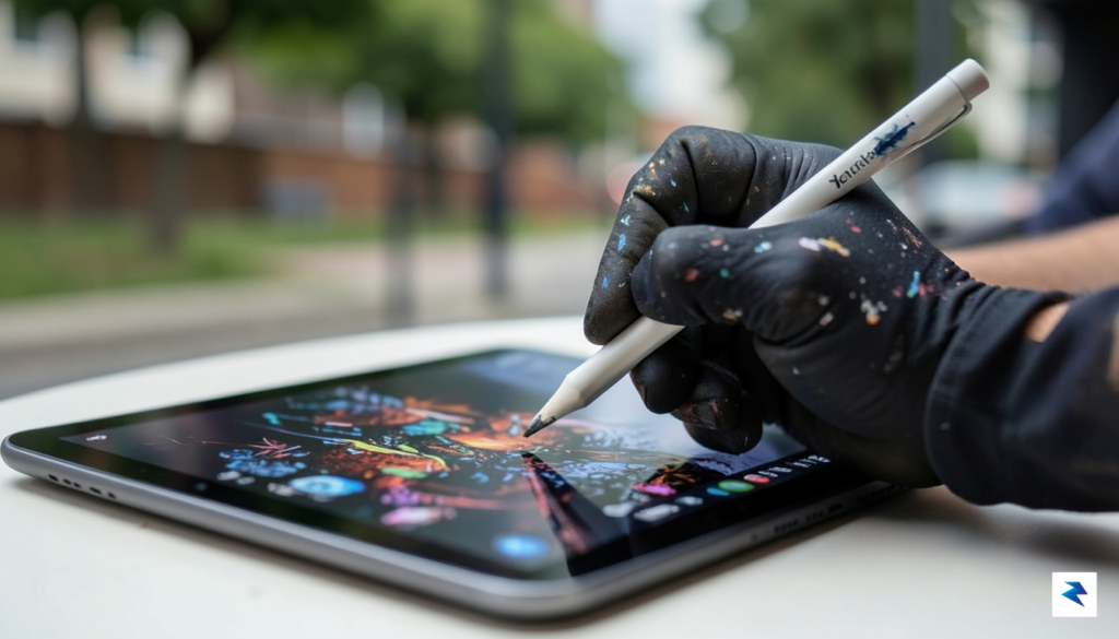 A close-up of an artist's hand using an Apple Pencil…