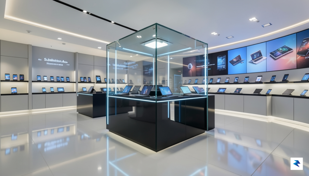 A sleek, futuristic tech store interior with modular displays showcasing&hellip;