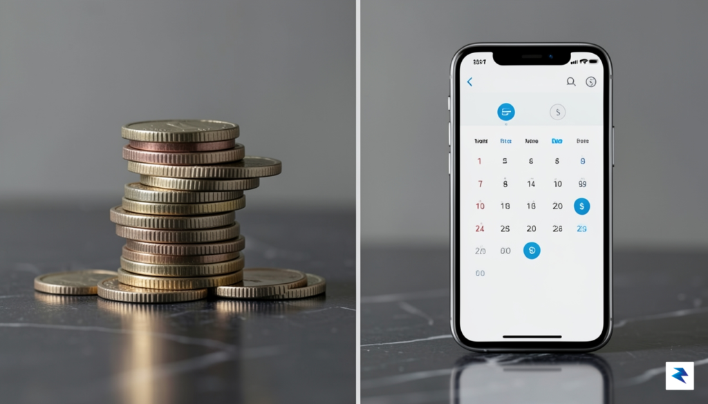 A conceptual split-screen graphic showing a stack of coins next…