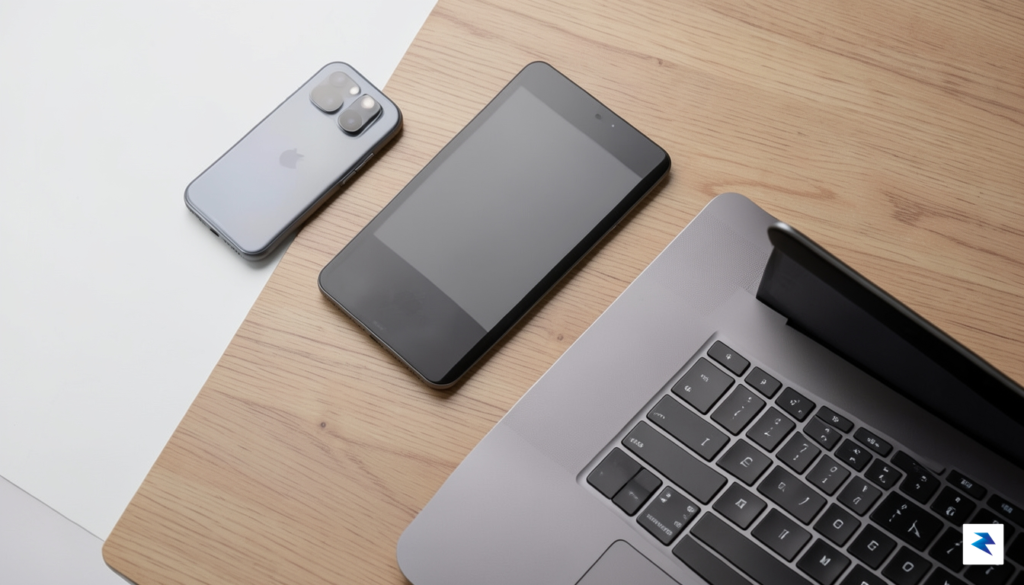 A sleek, modern flat-lay photograph featuring a high-end smartphone, tablet,…